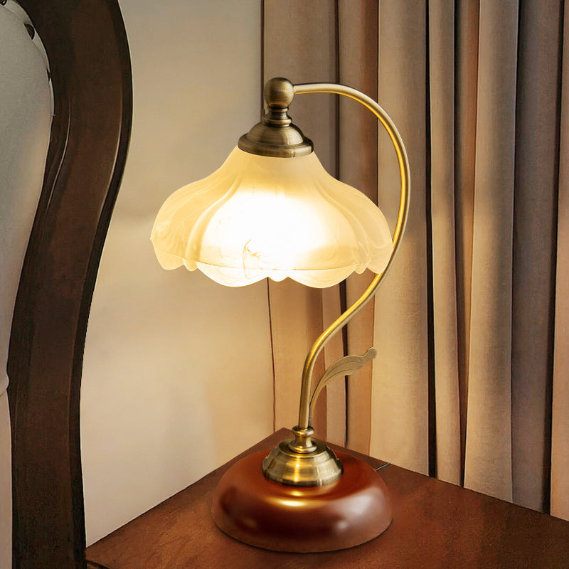 Table Lamp in Antique Brass, Flower-Shaped Opal Glass Shade and Solid Wood Base
