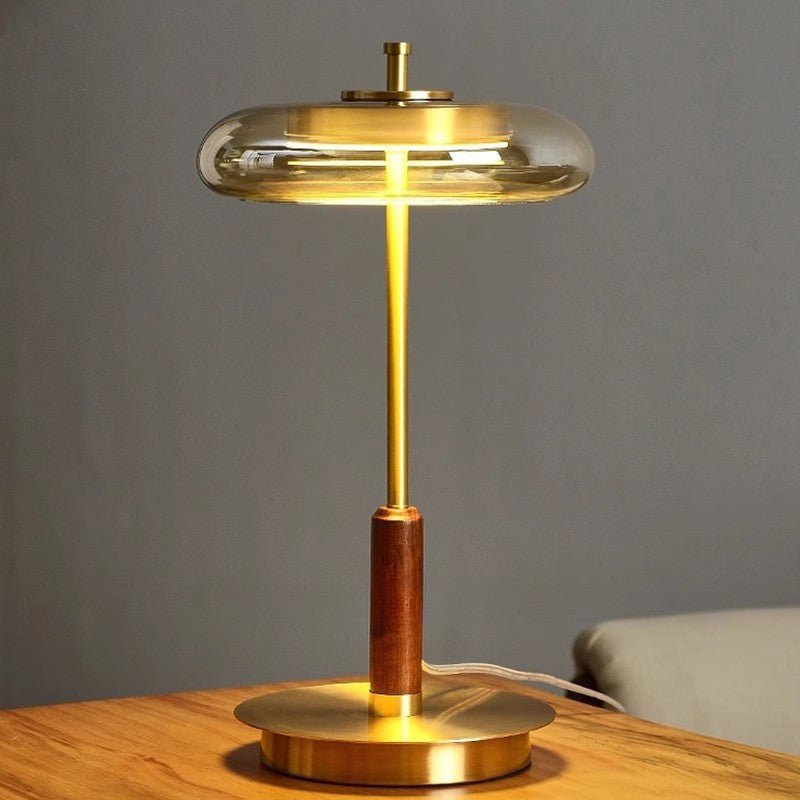 Table Lamp in Brushed Brass, Solid Walnut and Smoked Glass, Dimmable
