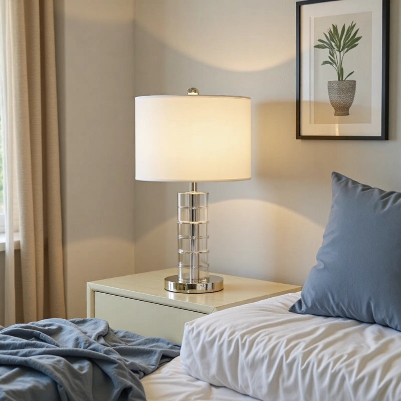 Table Lamp in Crystal Glass with Metal Base and Fabric Shade, Dimmable