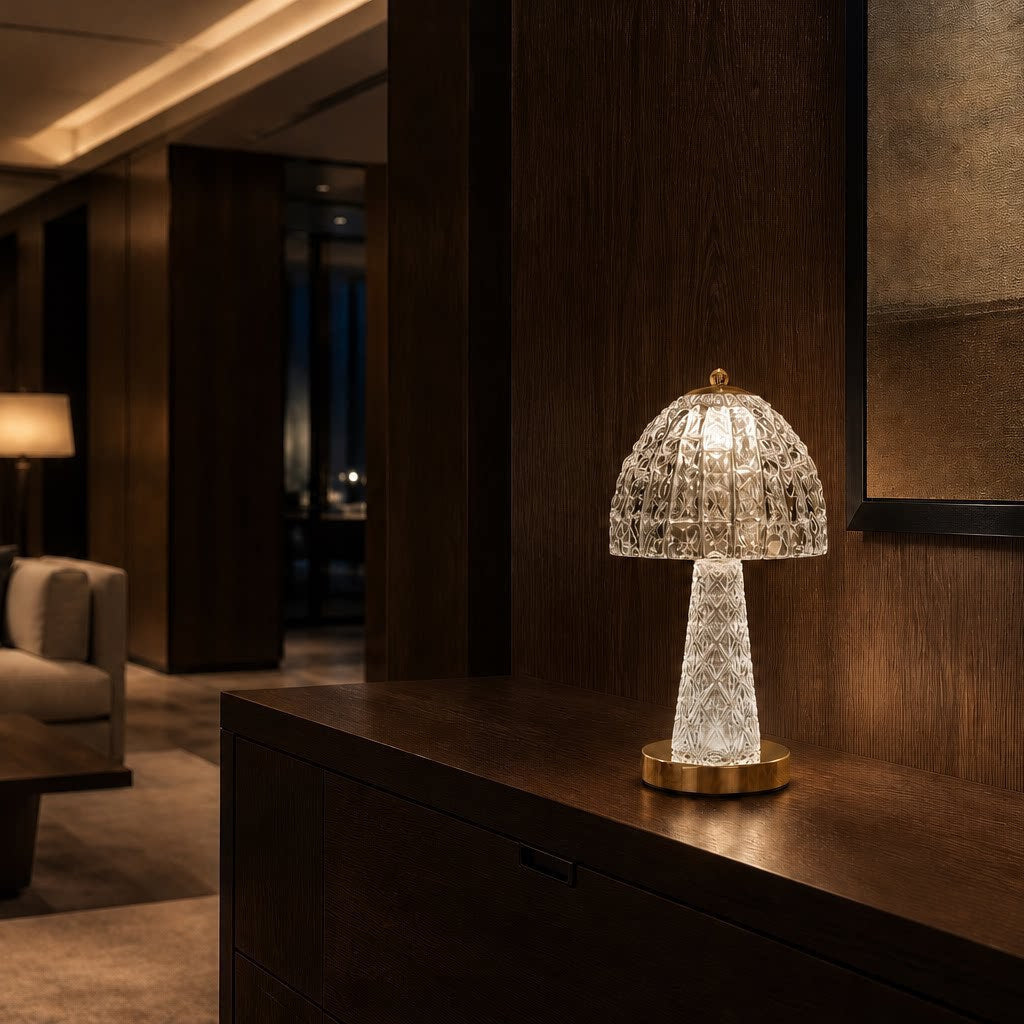 Table Lamp in Cut Crystal Glass, Rechargeable and Dimmable, Mushroom Shape