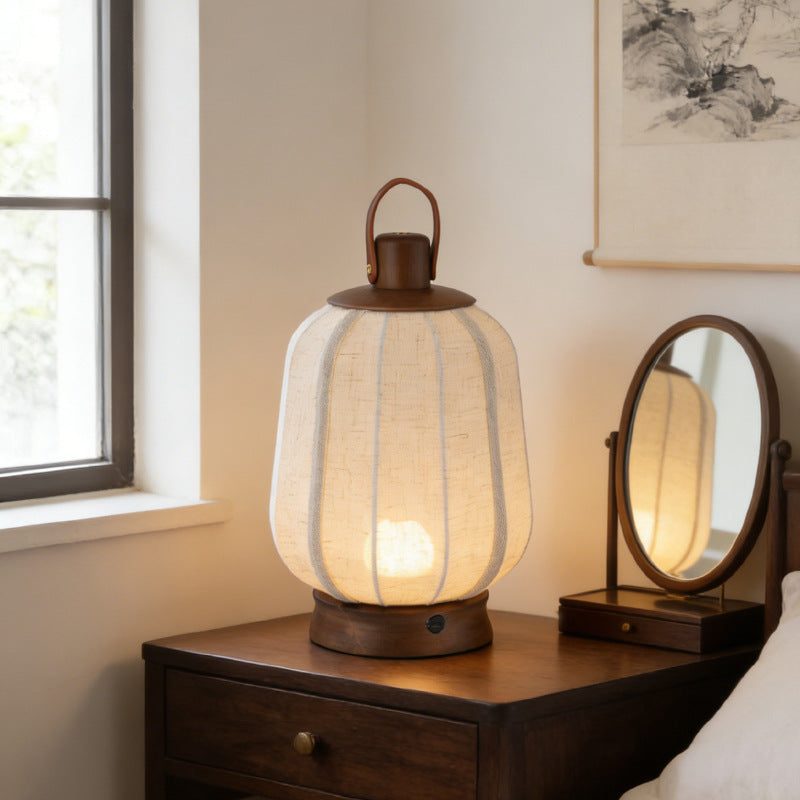 Table Lamp in Linen and Solid Walnut, Cordless Dimmable Lantern