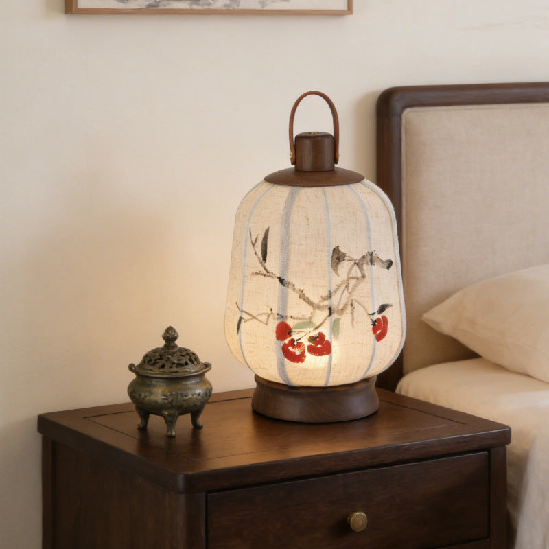 Table Lamp in Linen and Solid Walnut, Cordless Dimmable Lantern