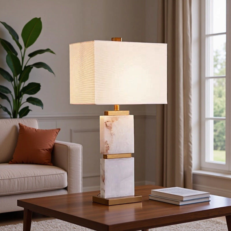 Table Lamp in Marble with Brass Details and Rectangular Fabric Shade
