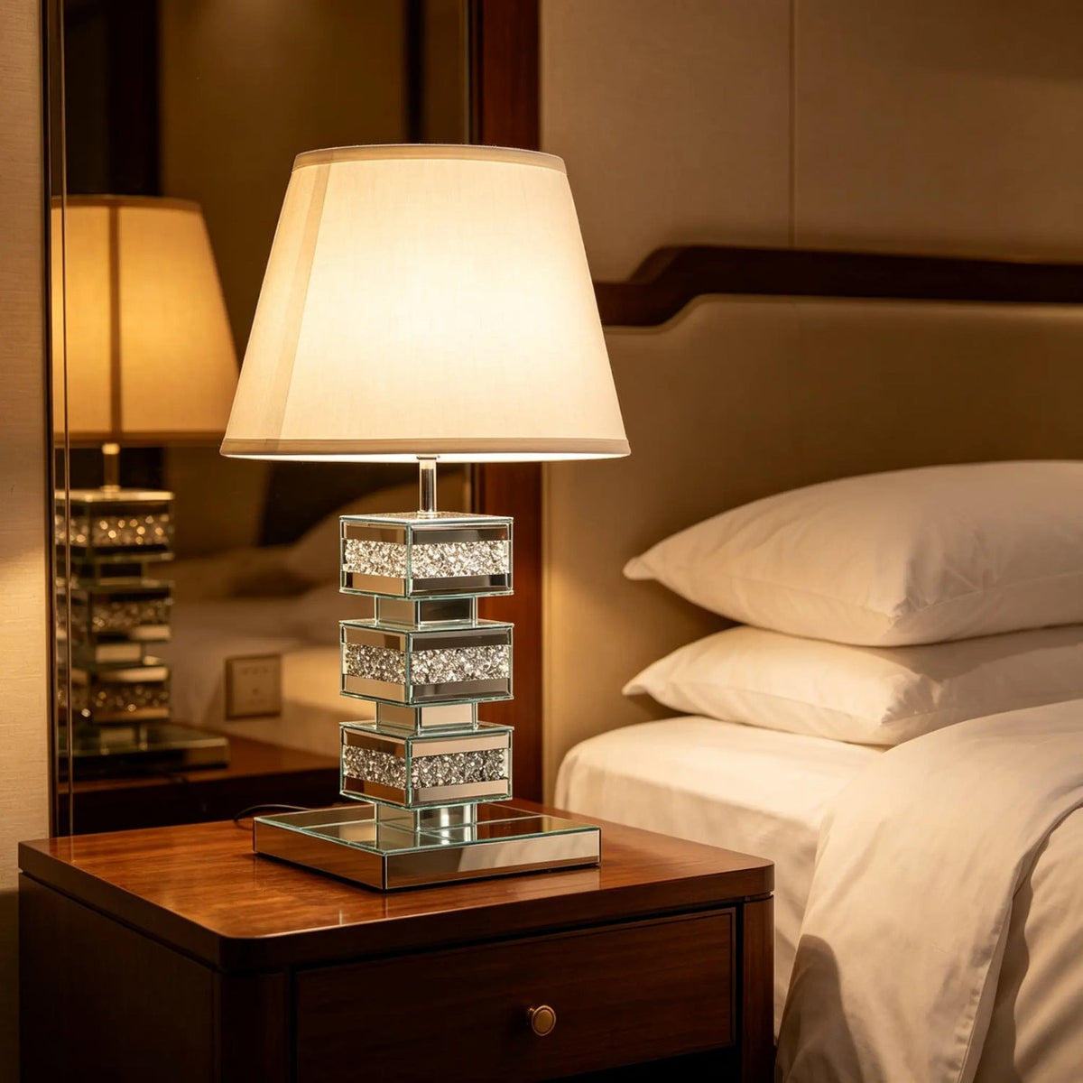 Table Lamp in Mirrored Glass with Crystal Filling and Pleated Fabric Shade