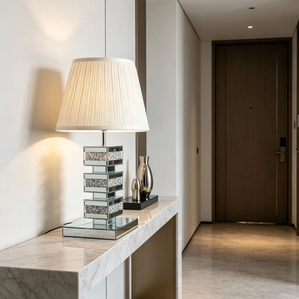 Table Lamp in Mirrored Glass with Crystal Filling and Pleated Fabric Shade