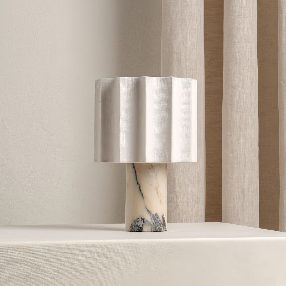 Table Lamp in Natural Marble, Pleated Fabric Shade and Touch Dimmer