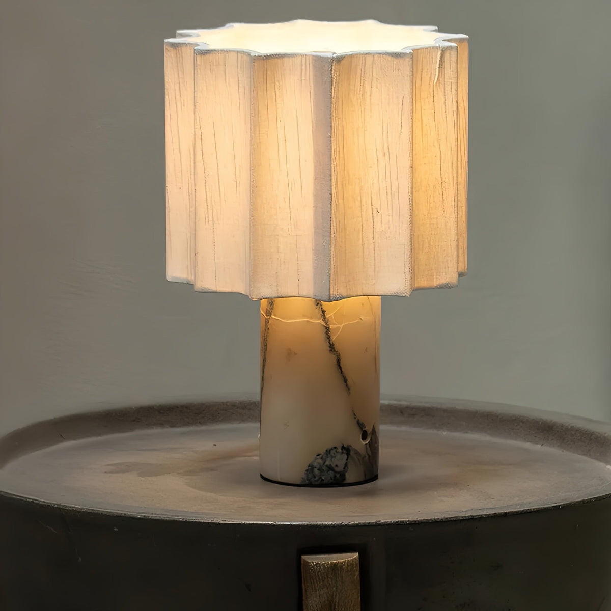 Table Lamp in Natural Marble, Pleated Fabric Shade and Touch Dimmer