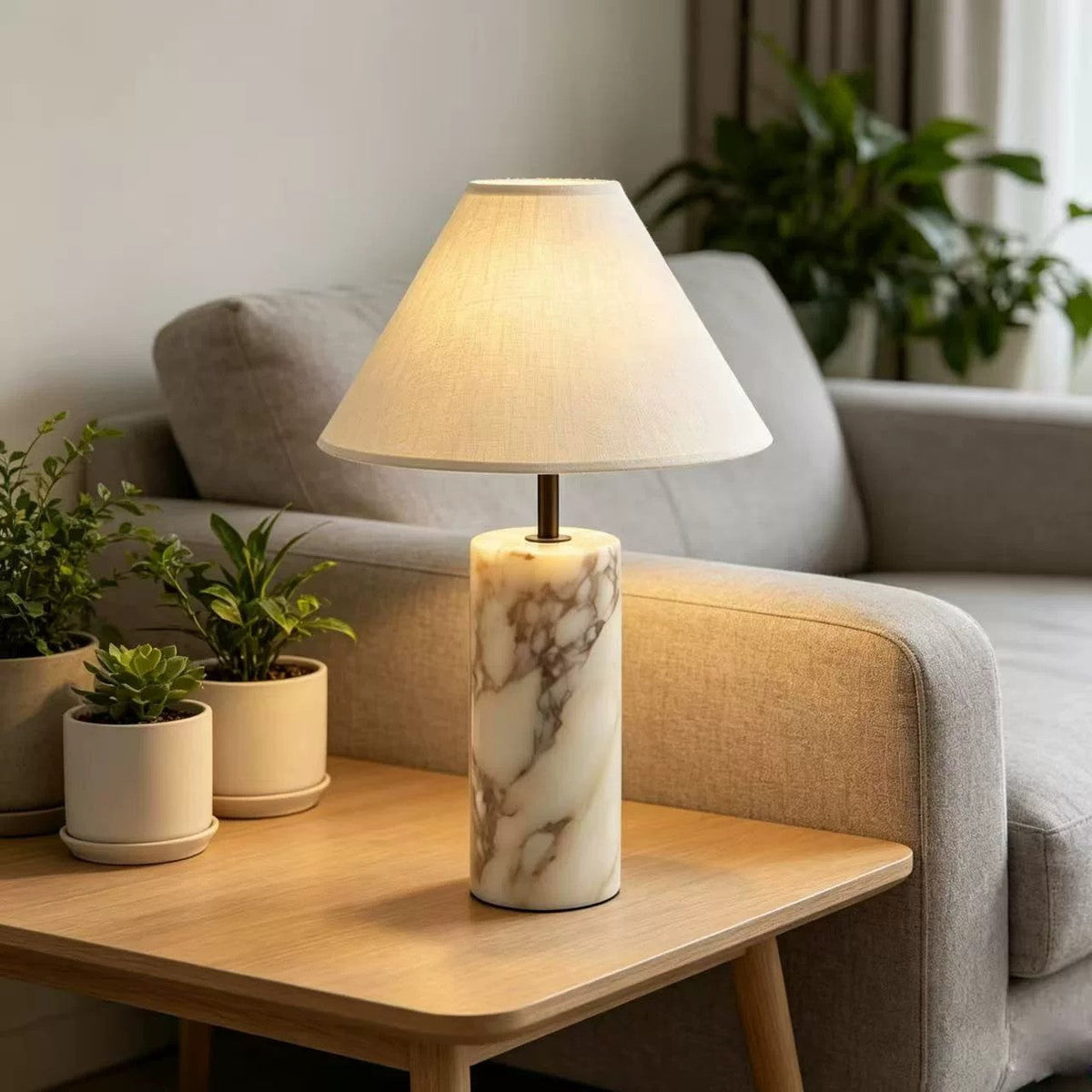 Table Lamp in Natural Marble with Conical Linen Shade, Dimmable