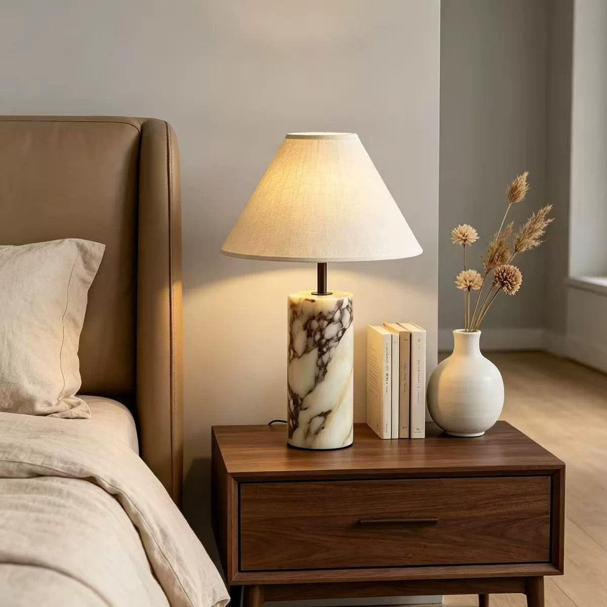 Table Lamp in Natural Marble with Conical Linen Shade, Dimmable