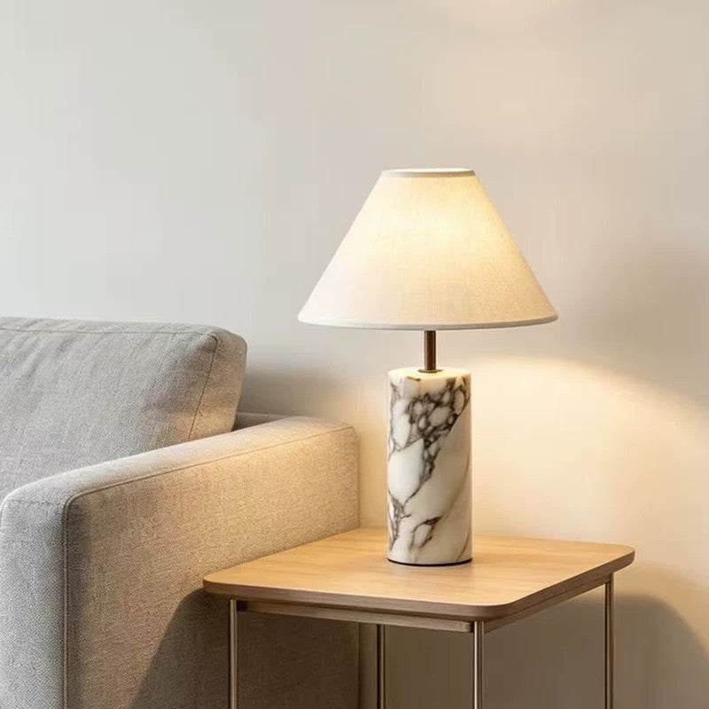 Table Lamp in Natural Marble with Conical Linen Shade, Dimmable