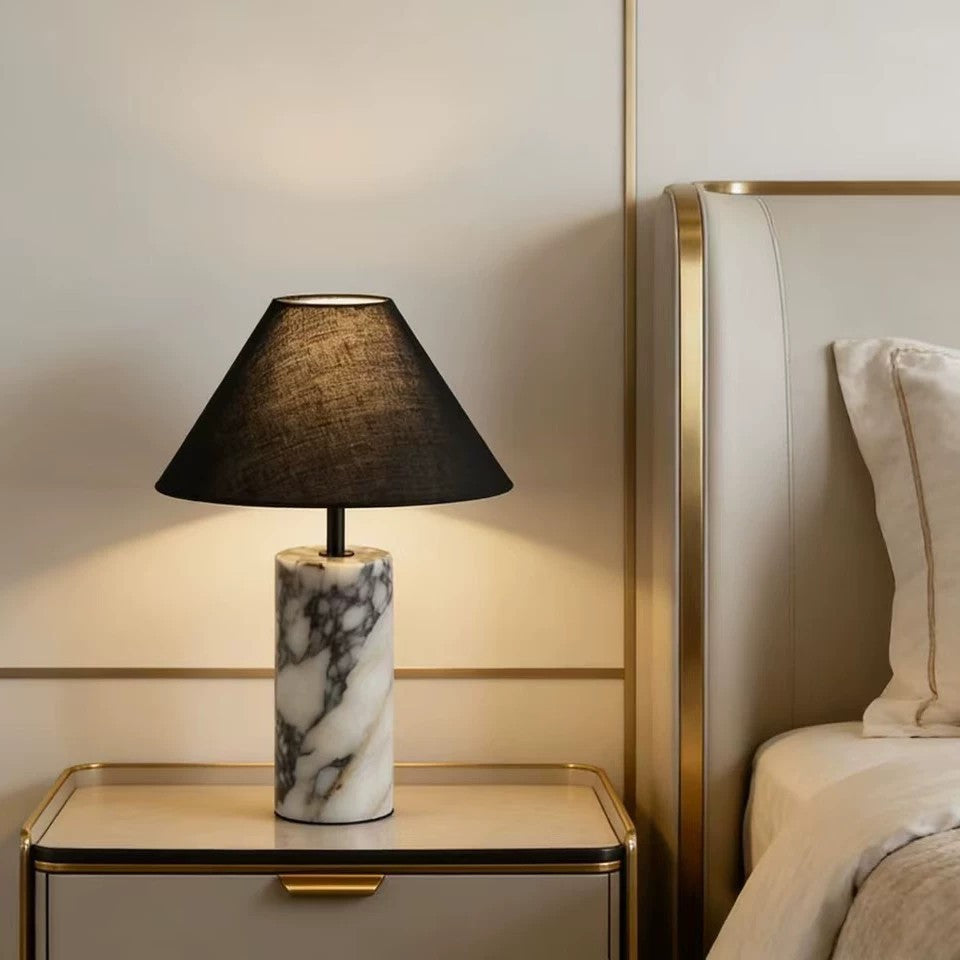 Table Lamp in Natural Marble with Conical Linen Shade, Dimmable