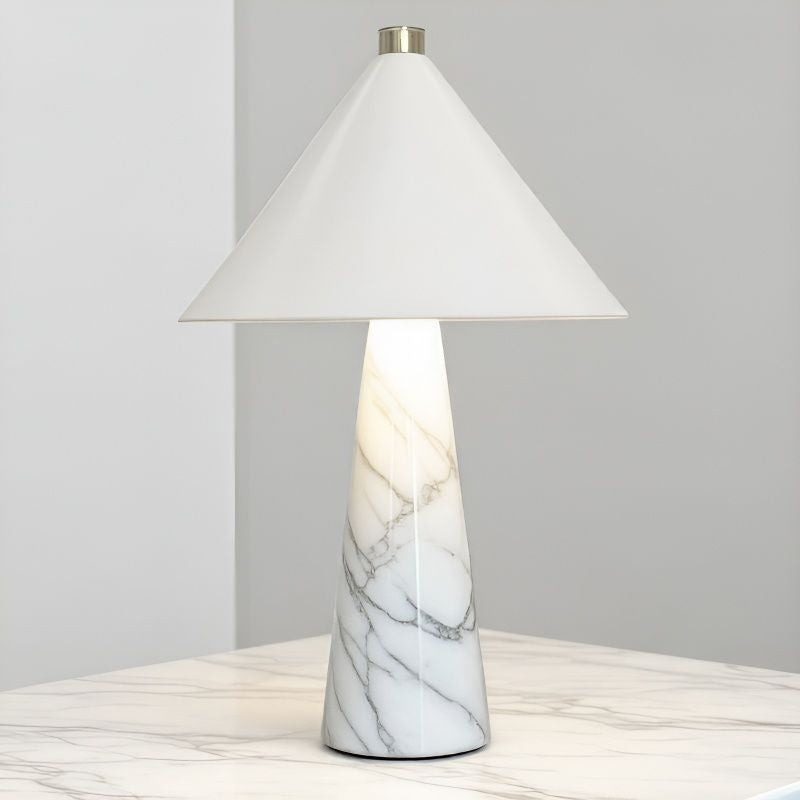 Table Lamp in Natural Marble with Conical Metal Shade, Dimmable