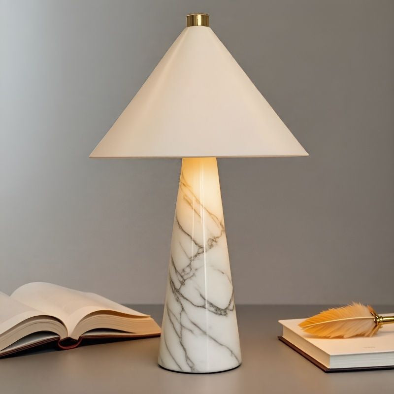 Table Lamp in Natural Marble with Conical Metal Shade, Dimmable
