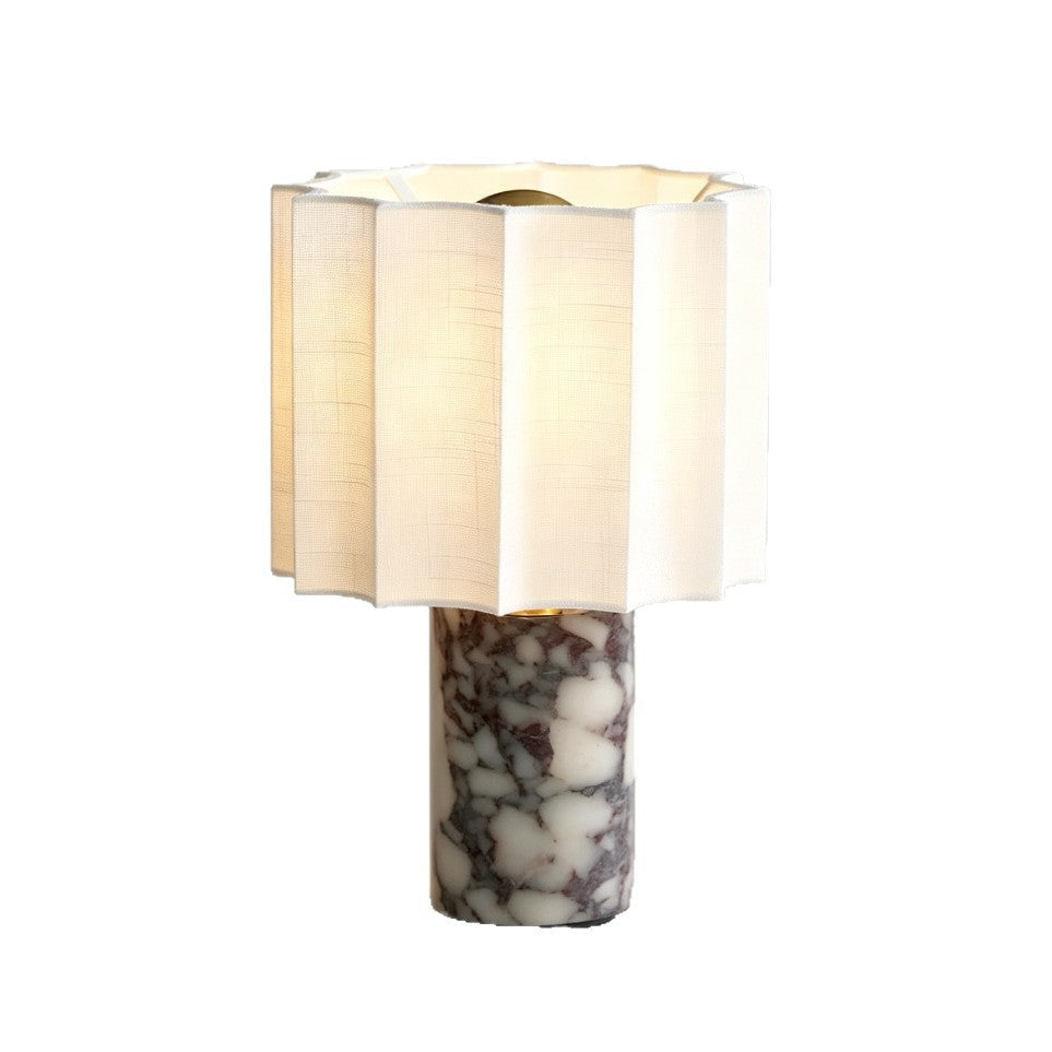 Table Lamp in Natural Marble with Pleated Linen Shade, Rechargeable