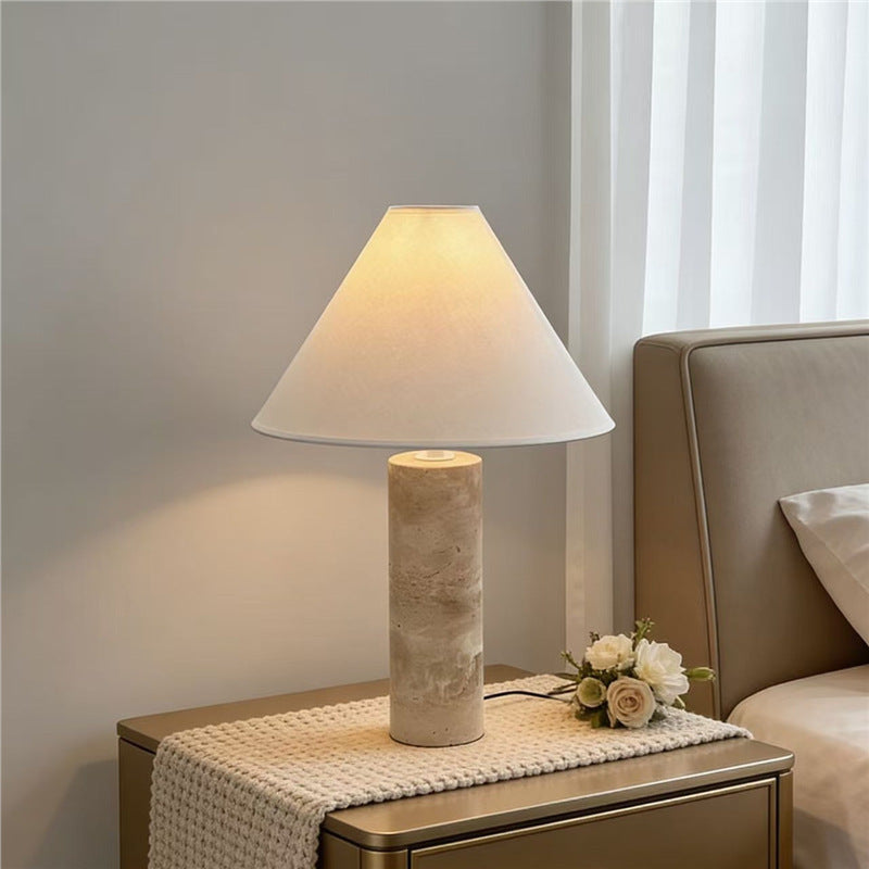 Table Lamp in Natural Travertine with Conical Linen Shade, Dimmable