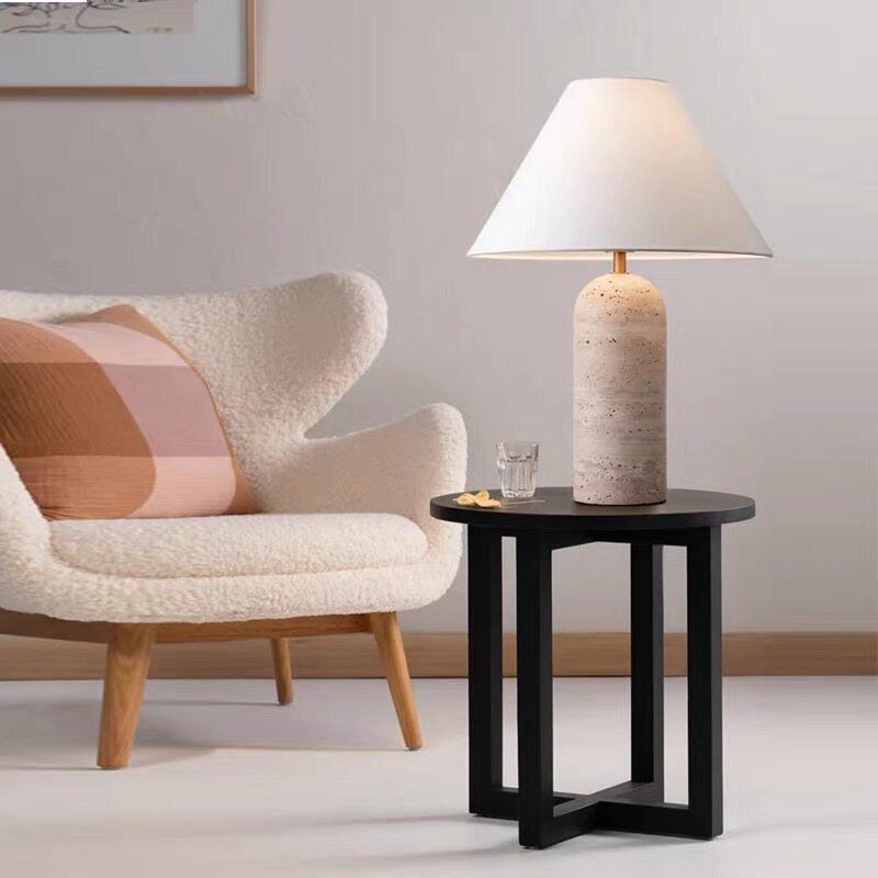 Table Lamp in Natural Travertine with Conical Linen Shade, Dimmable