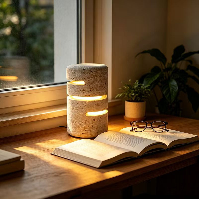 Table Lamp in Solid Travertine, Cylindrical Form with Dimmable Light