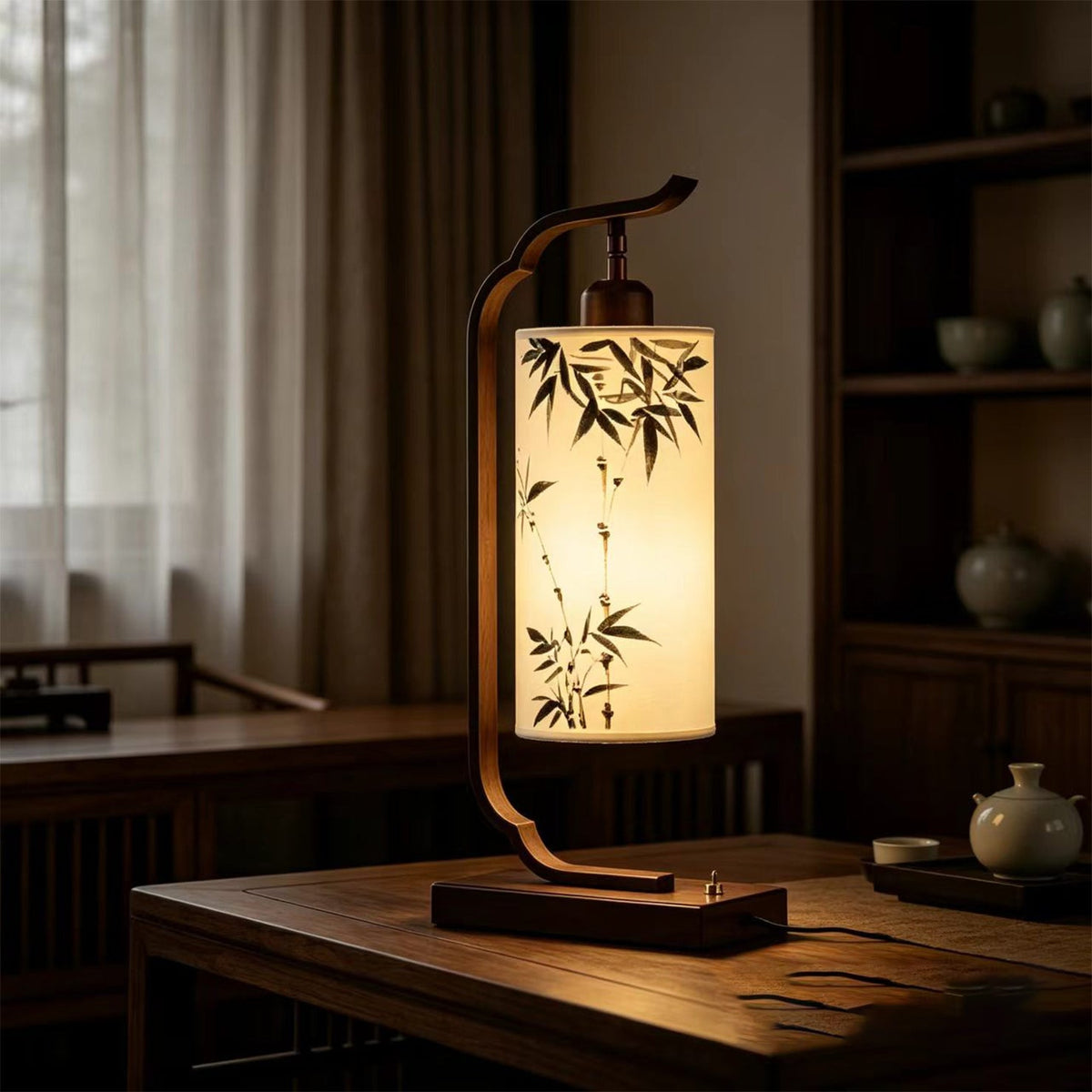 Table Lamp in Solid Walnut with Hand-Painted Fabric Lantern Shade