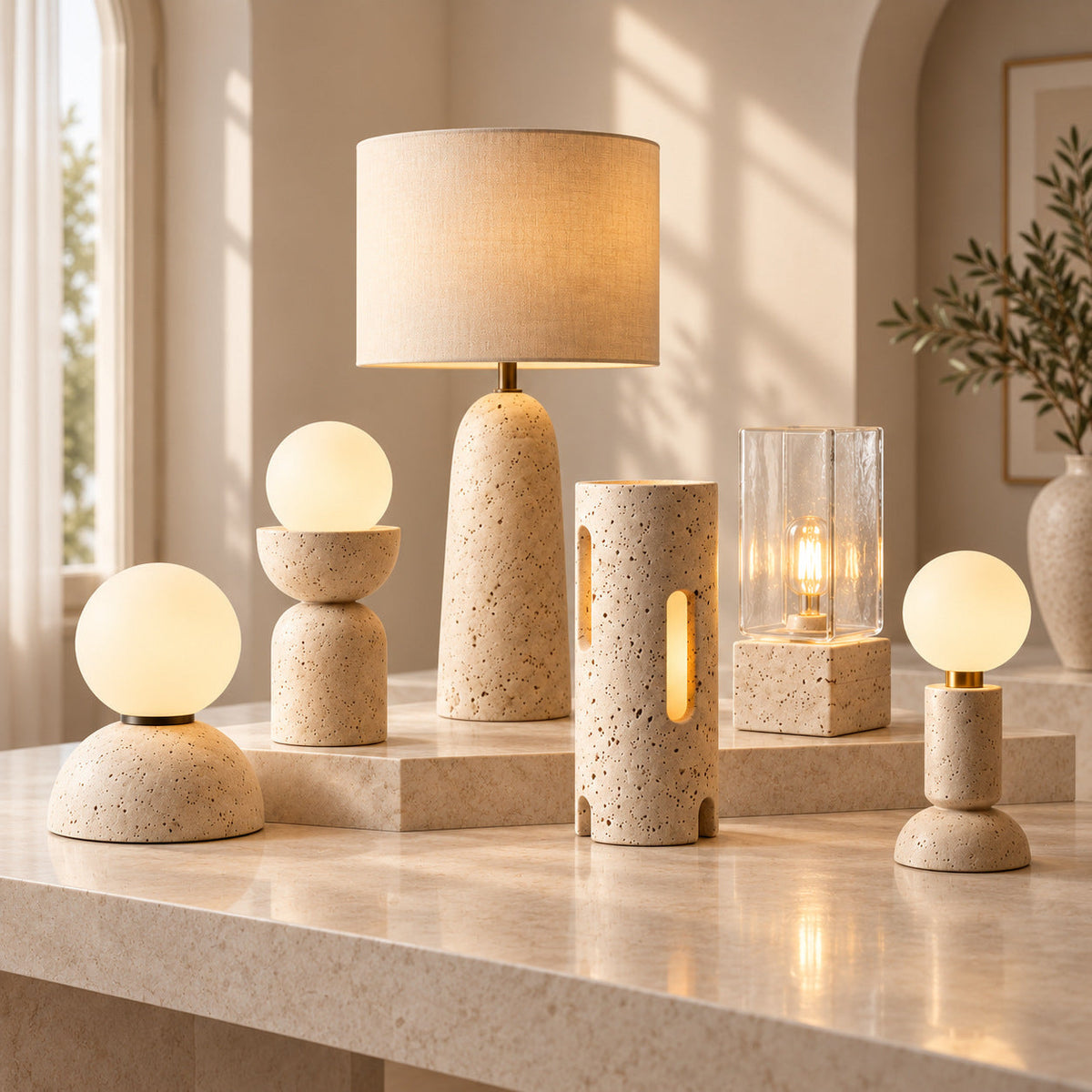 Table Lamp in Travertine, Dimmable Warm White Sculptural Lighting