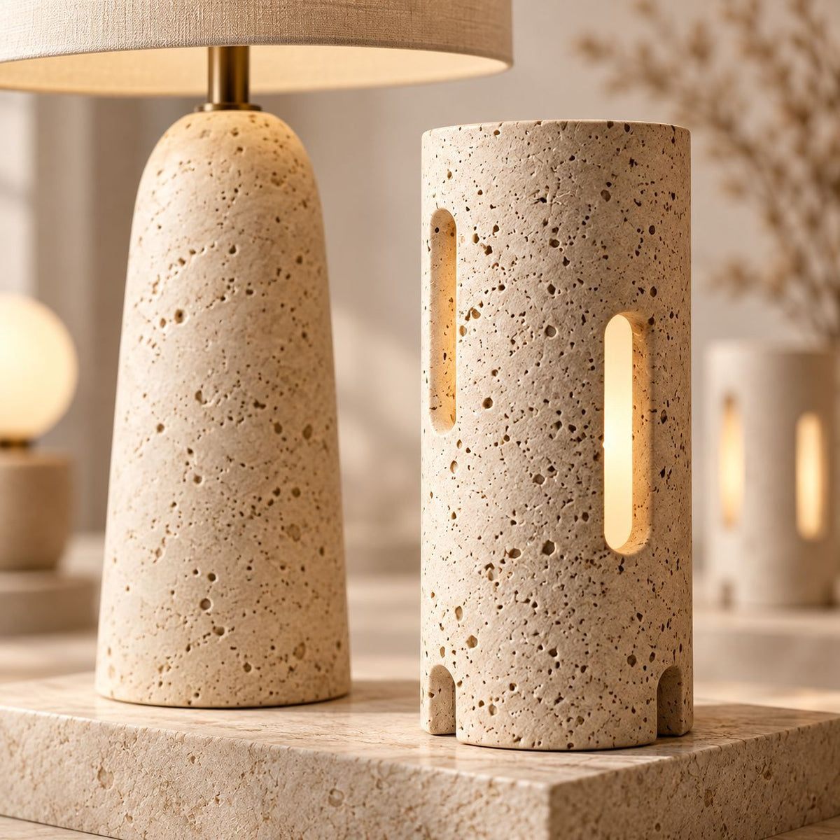 Table Lamp in Travertine, Dimmable Warm White Sculptural Lighting