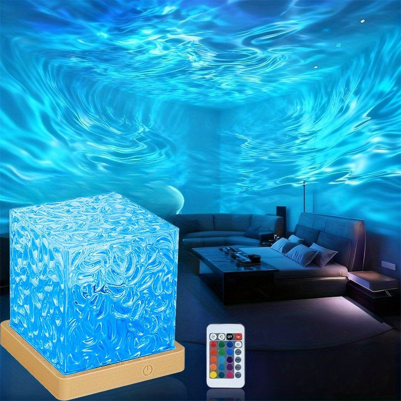 Table Lamp, LED Cube with Water Ripple Projection and Remote Control
