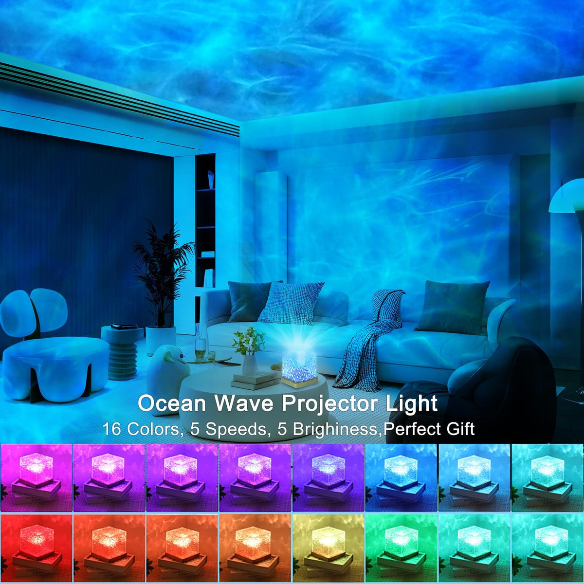Table Lamp, LED Cube with Water Ripple Projection and Remote Control