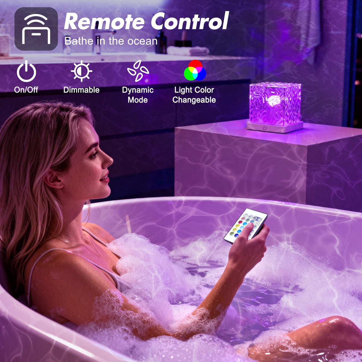 Table Lamp, LED Cube with Water Ripple Projection and Remote Control