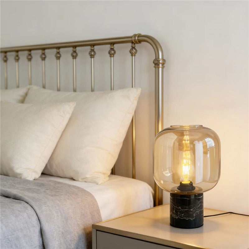 Table Lamp with Amber Glass Shade, Black Marble Base and Dimmable Light