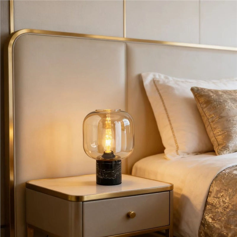 Table Lamp with Amber Glass Shade, Black Marble Base and Dimmable Light