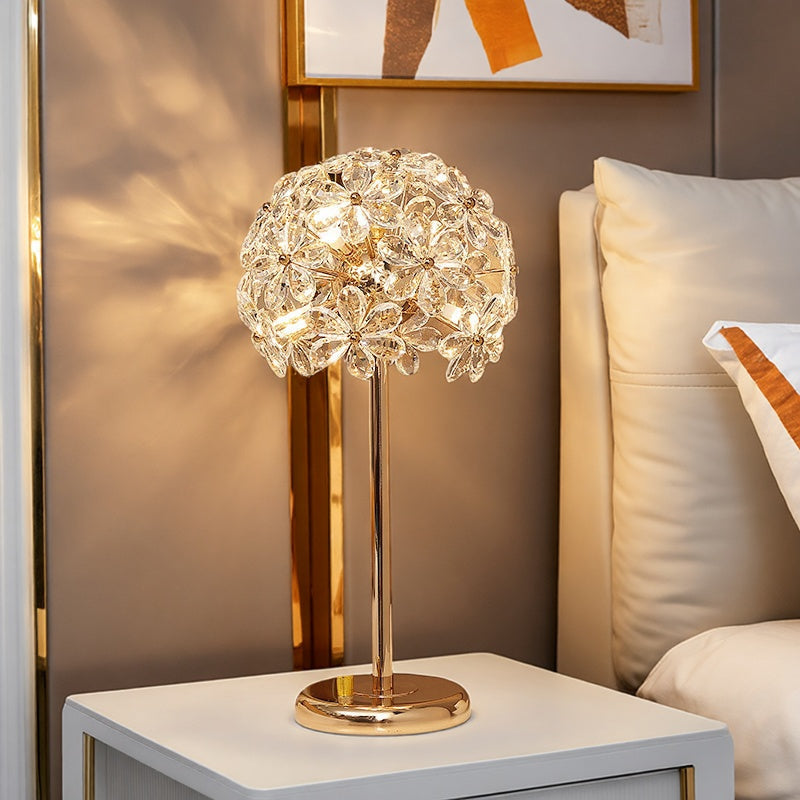 Table Lamp with Crystal Glass Flowers, Dimmable, Gold-Plated Metal Base