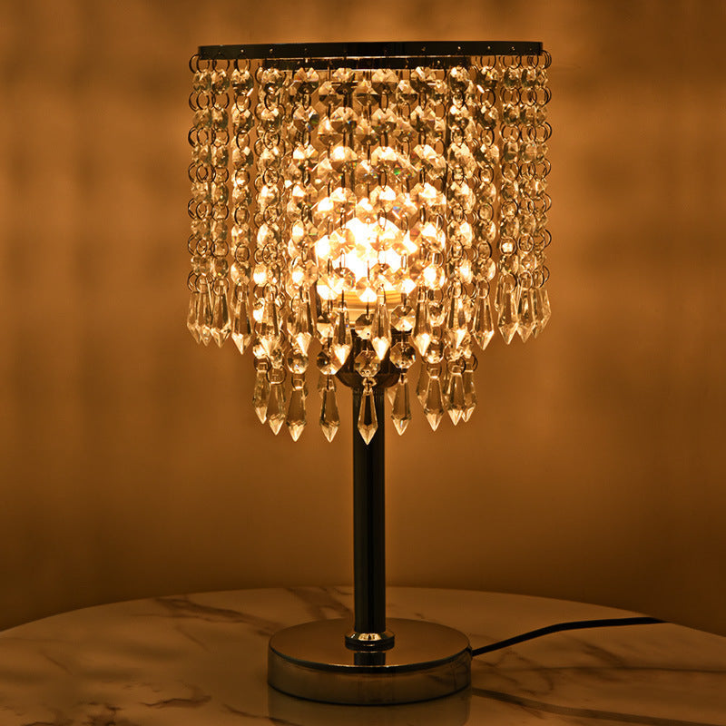 Table Lamp with Crystal Glass Prisms and Chrome Base, Dimmable Bedside Lamp
