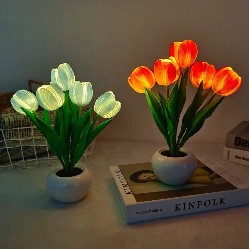 Table Lamp with LED Tulips, Ceramic Pot and Warm Light