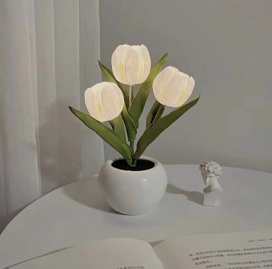 Table Lamp with LED Tulips, Ceramic Pot and Warm Light