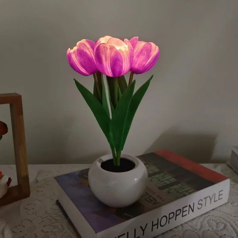 Table Lamp with LED Tulips, Ceramic Pot and Warm Light