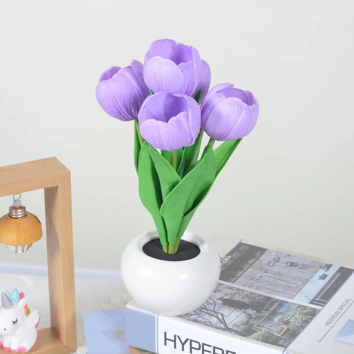 Table Lamp with LED Tulips, Ceramic Pot and Warm Light