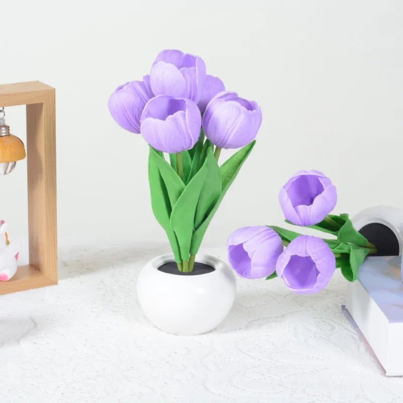 Table Lamp with LED Tulips, Ceramic Pot and Warm Light