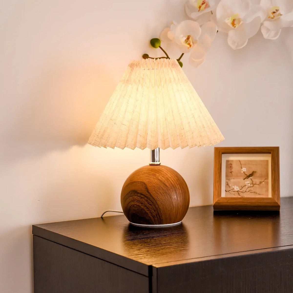 Table Lamp with Pleated Fabric Shade, LED and Three Light Colours