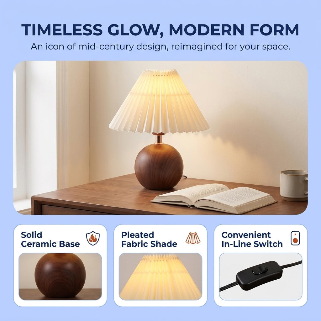 Table Lamp with Pleated Fabric Shade, LED and Three Light Colours