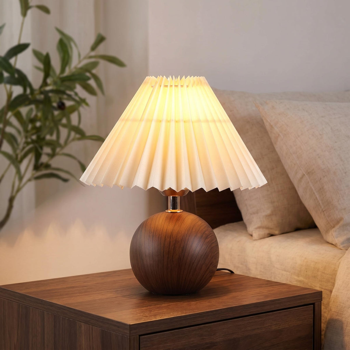 Table Lamp with Pleated Fabric Shade, LED and Three Light Colours