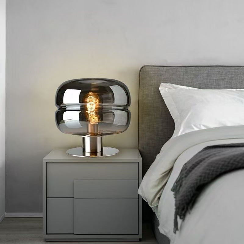 Table Lamp with Smoked Glass Shade, Brushed Nickel Base, Dimmable