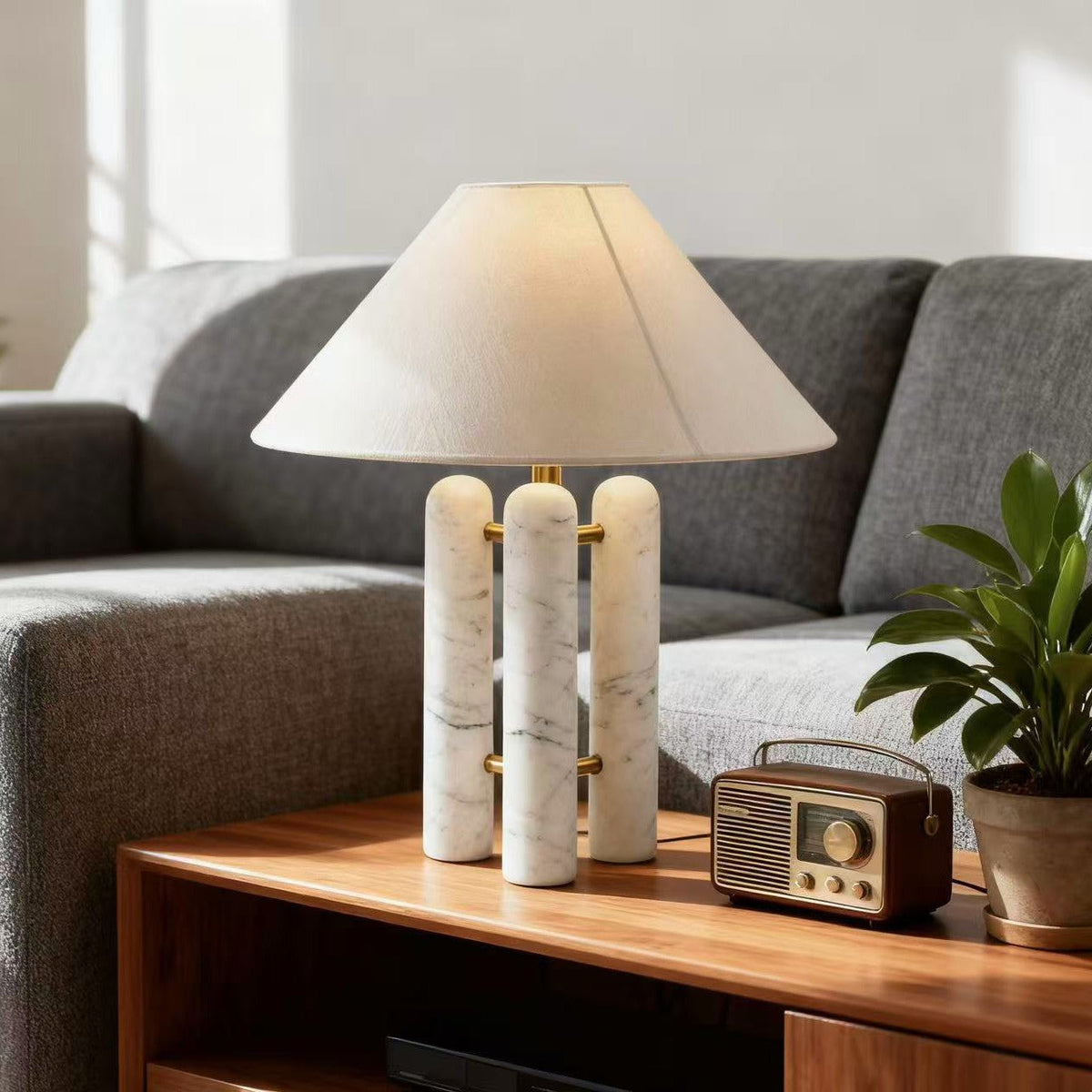 Table Lamp with Three Marble Columns, Linen Shade and Dimmable Light