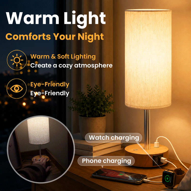Table Lamp with Touch Dimming, USB-C, USB-A and Power Socket