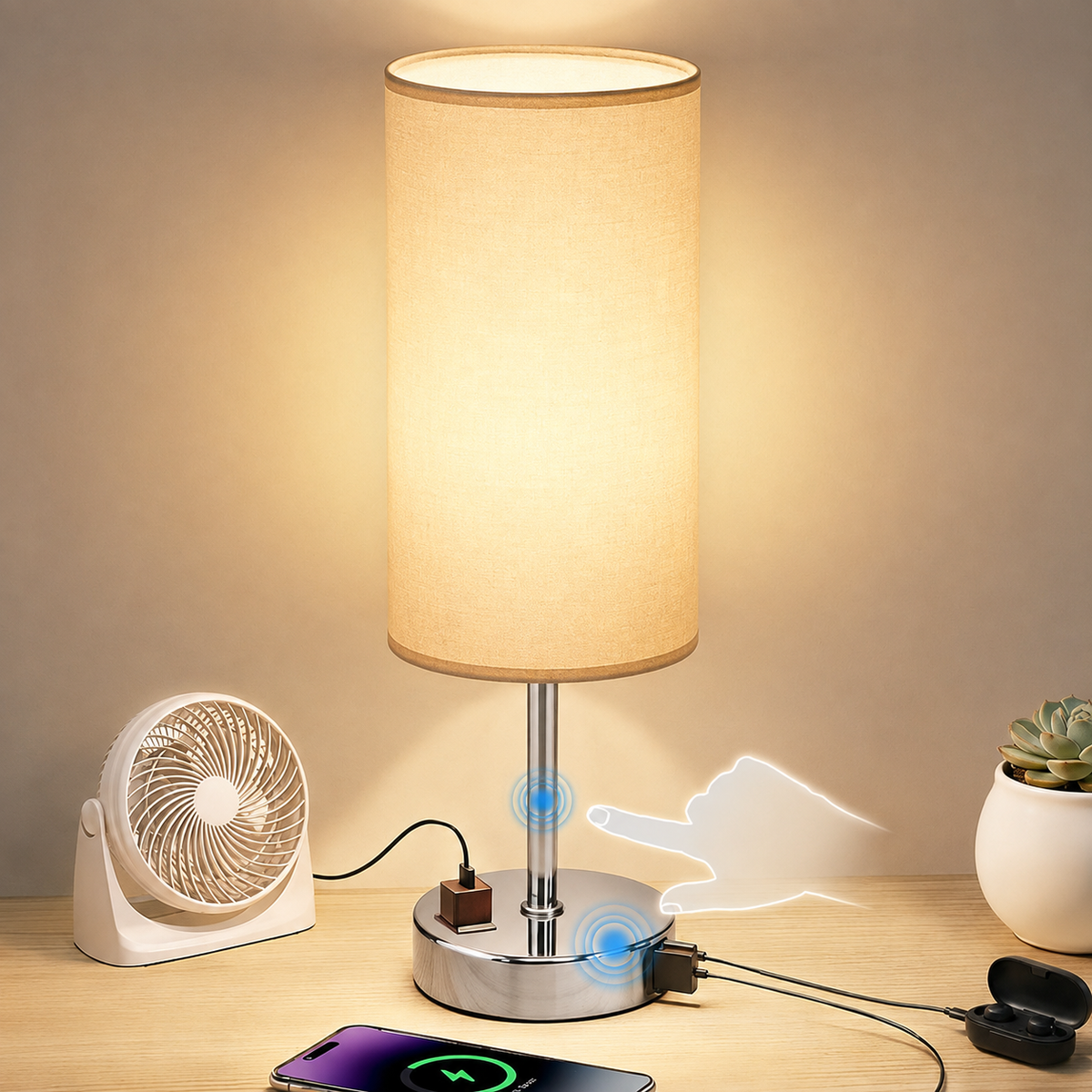Table Lamp with Touch Dimming, USB-C, USB-A and Power Socket