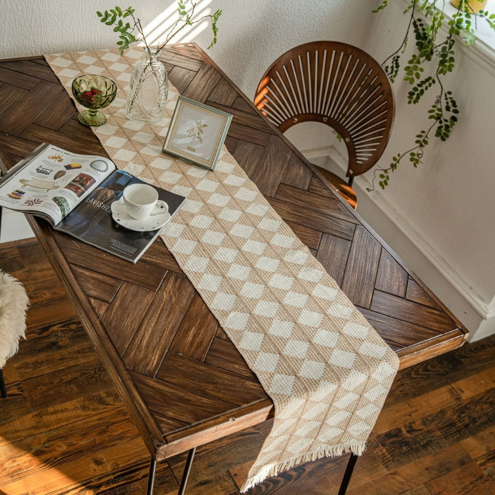 Table Runner in Microfibre Blend with Fringed Ends and Diamond Pattern