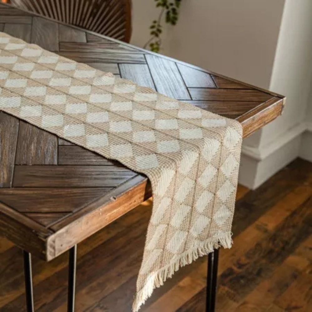 Table Runner in Microfibre Blend with Fringed Ends and Diamond Pattern
