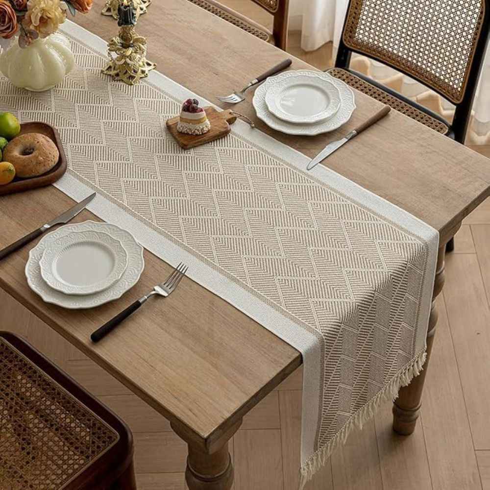Table Runner in Woven Cotton Blend with Zigzag Pattern and Fringed Ends