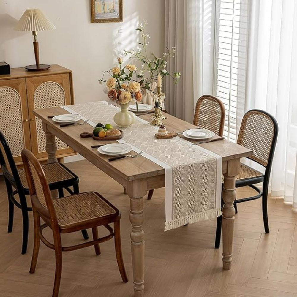 Table Runner in Woven Cotton Blend with Zigzag Pattern and Fringed Ends