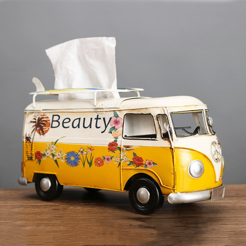 Tissue Box Cover in Handcrafted Iron, Retro Bus Shape