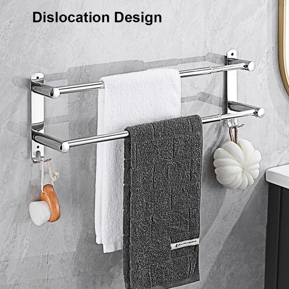 Towel Rack in 304 Stainless Steel, Extendable, Wall-Mounted with Hooks