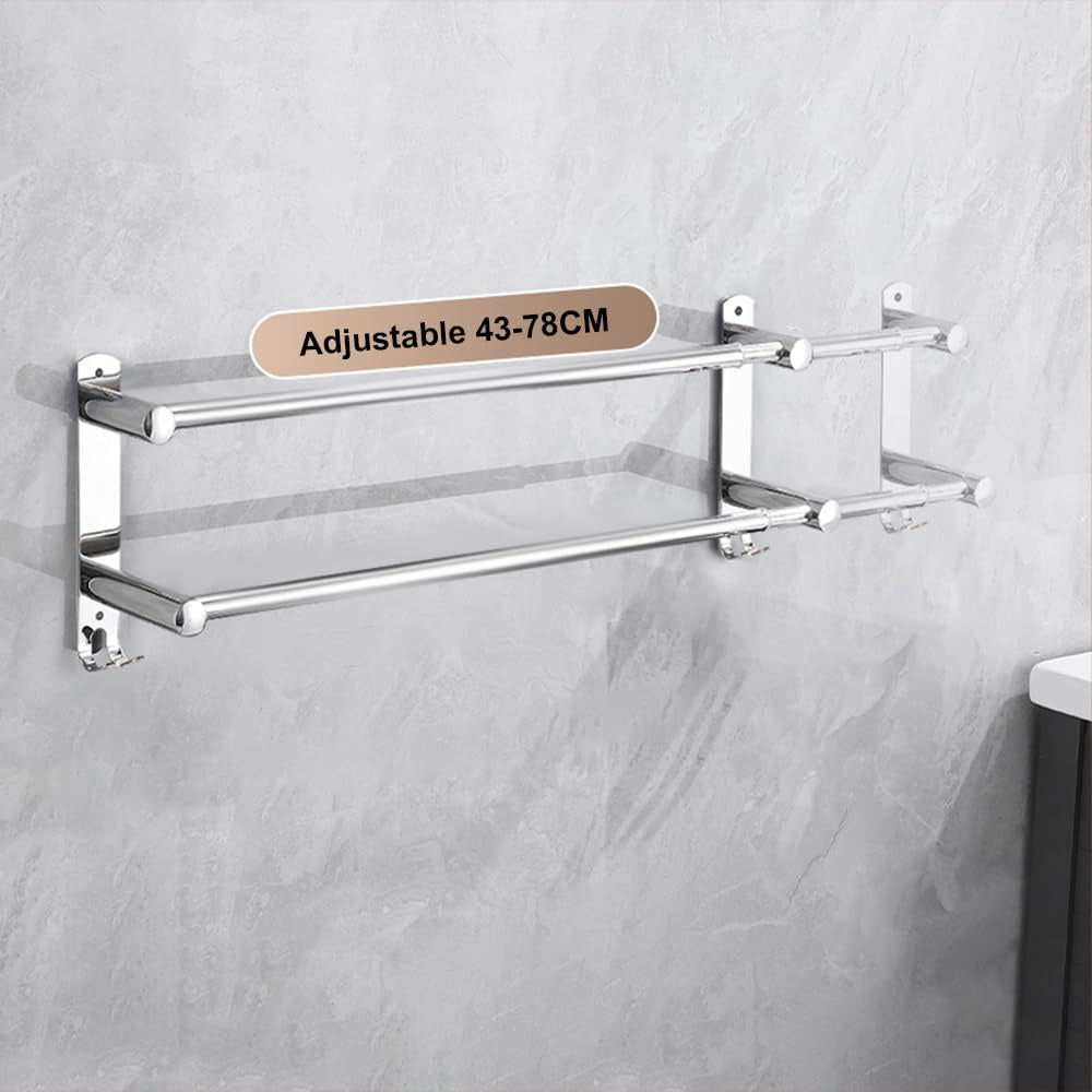 Towel Rack in 304 Stainless Steel, Extendable, Wall-Mounted with Hooks